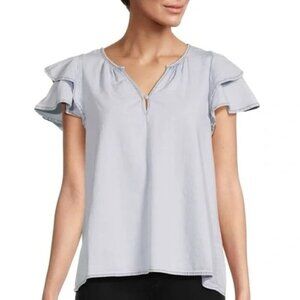 Habitual Denim Ruffle Sleeve Blouse